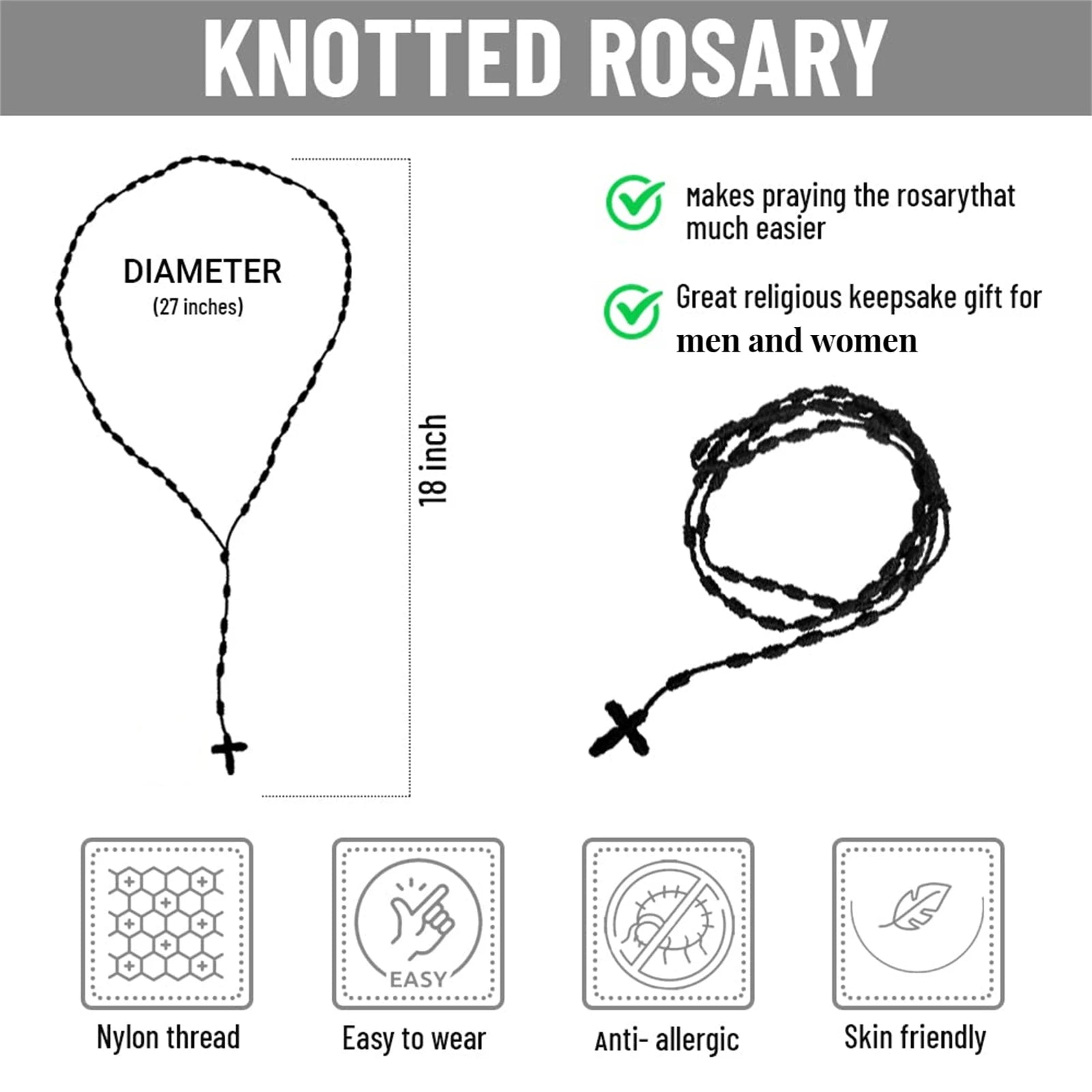 1Pc Handmade Knotted Rosary with Cross Charm - Red Rope Rosary- Necklace Cord, Black Thread Rosary, Blue Handmade Rosary, Lightw