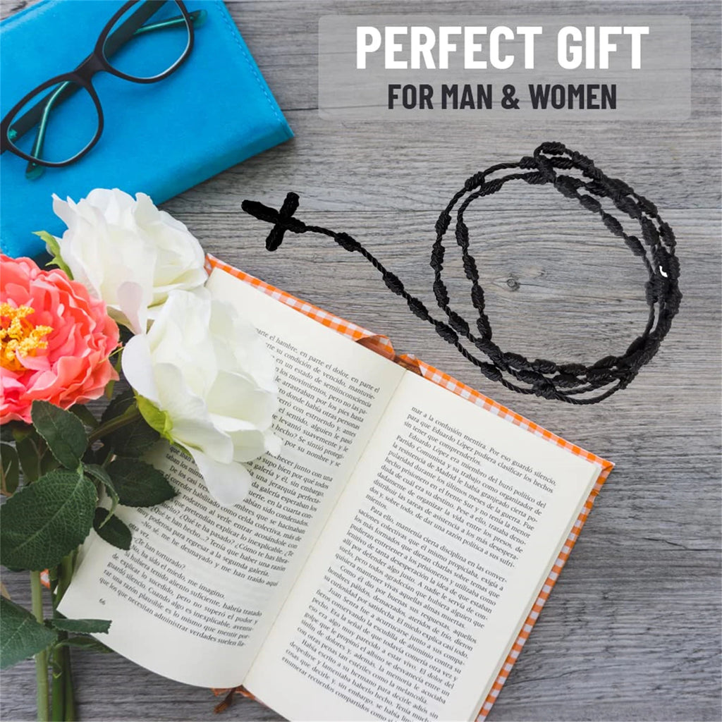 1Pc Handmade Knotted Rosary with Cross Charm - Red Rope Rosary- Necklace Cord, Black Thread Rosary, Blue Handmade Rosary, Lightw