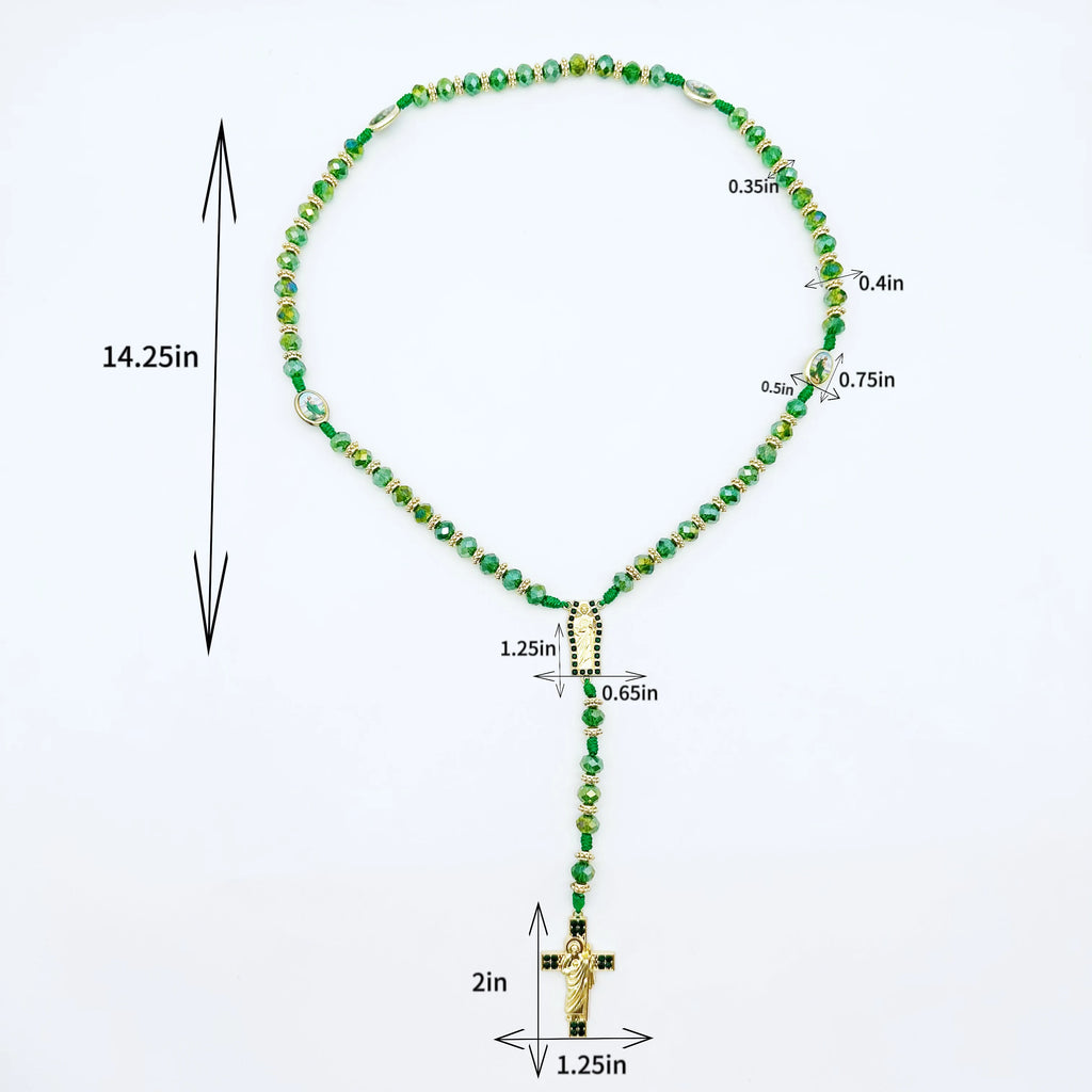 1Pc Rosary Saint Jude Virgin Mary Green Crystal Beads Catholic Necklace Cross Pendant Protection Blessing Charm Catholic Handmad