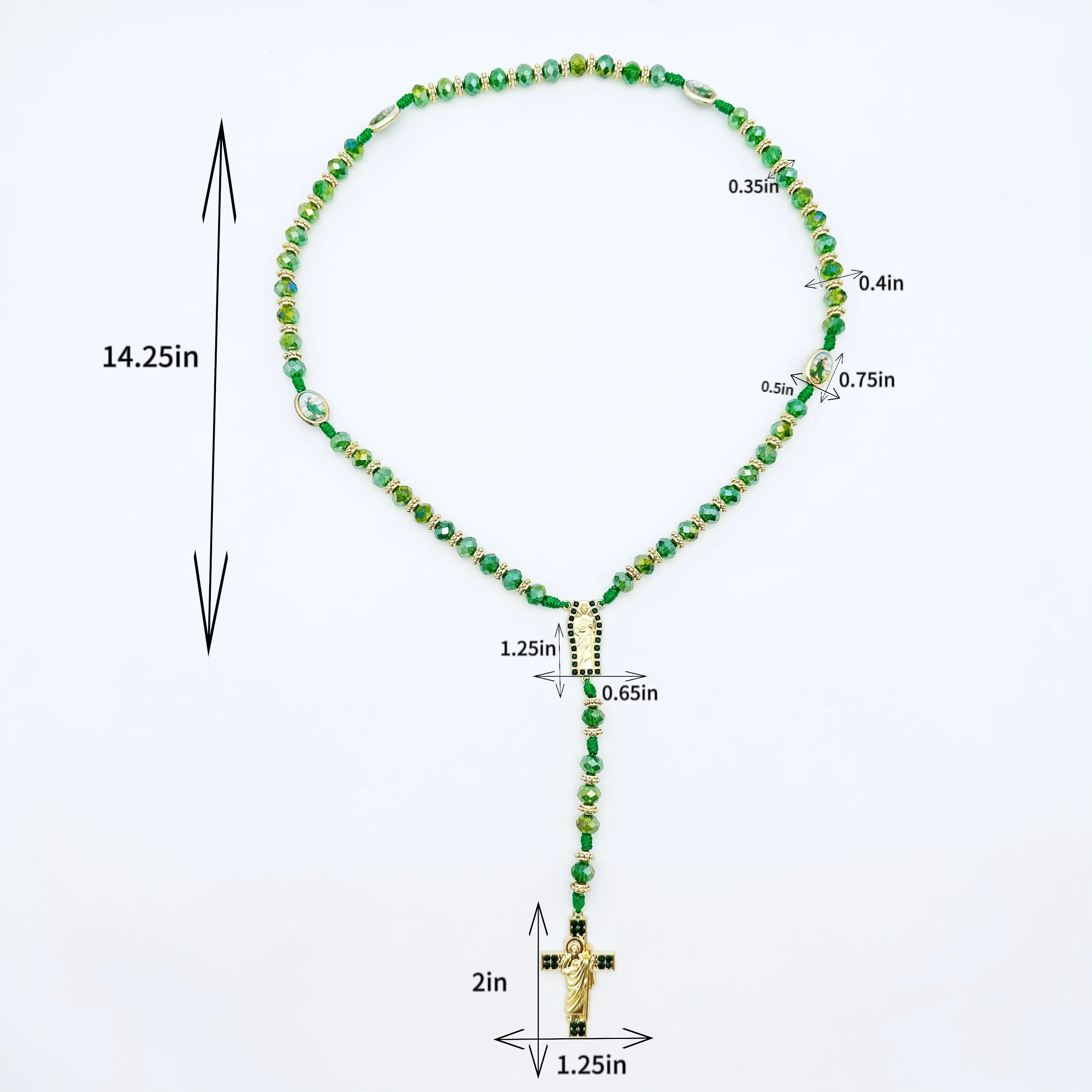 1Pc Rosary Saint Jude Virgin Mary Green Crystal Beads Catholic Necklace Cross Pendant Protection Blessing Charm Catholic Handmad