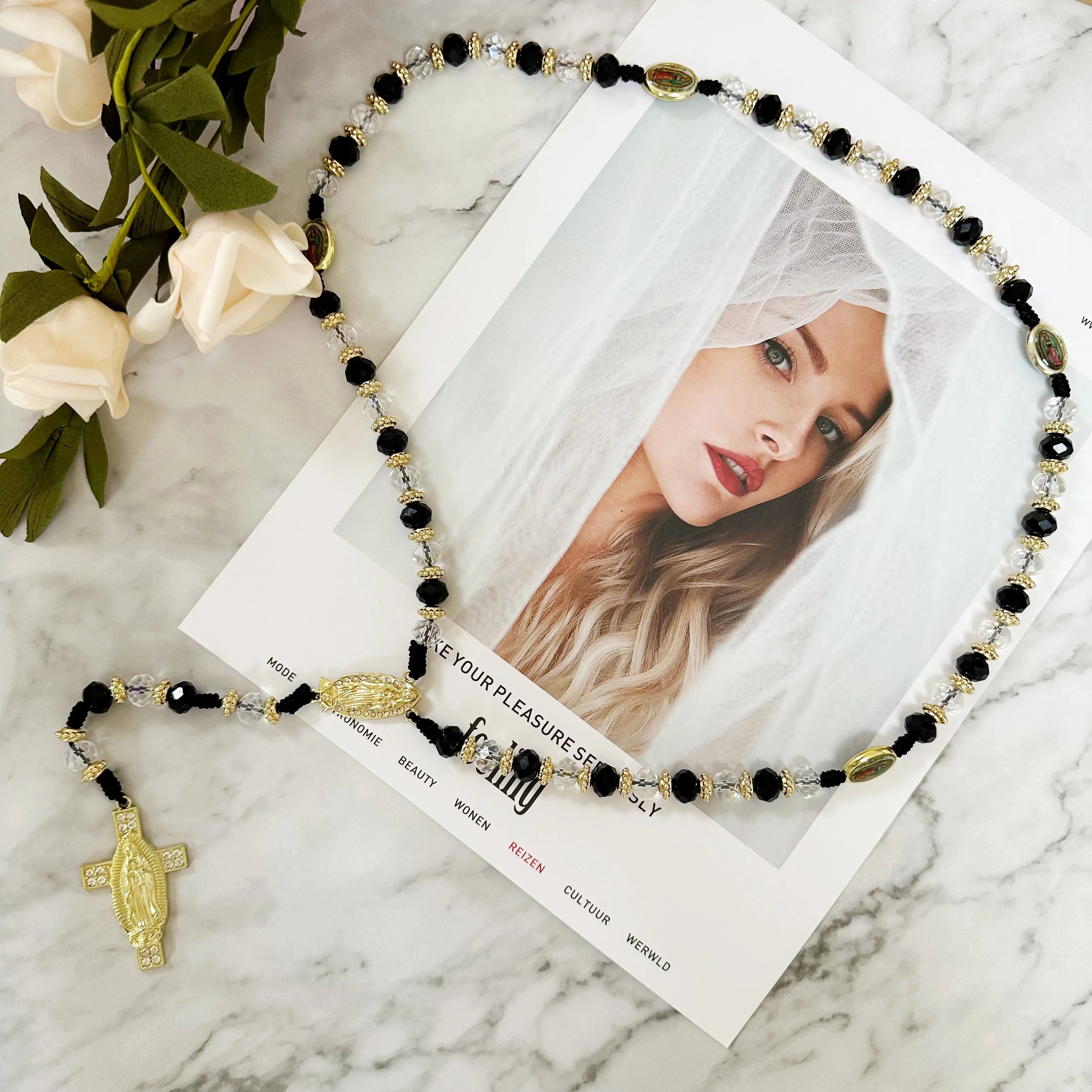 1Pc Rosary Saint Jude Virgin Mary Green Crystal Beads Catholic Necklace Cross Pendant Protection Blessing Charm Catholic Handmad