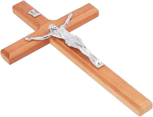7.95Inch Easter Crucifix Cross Wall Hanging Wood Cross Wall Decor Platinum Wood Cross with Alloy Platinum with Jesus Christ Catholic Wall Art Cross for Religious Church Home Decor